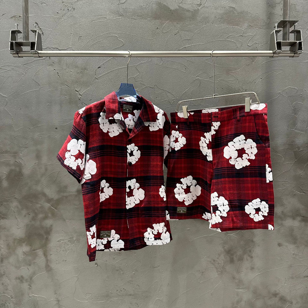 All-over print plaid short-sleeved shirt and shorts set