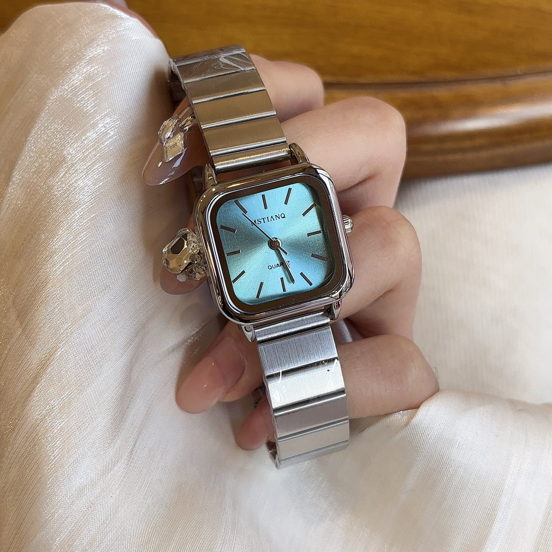 Square-Dial Student Watch with Bamboo-Link Steel Band