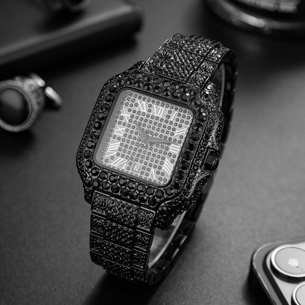Hip-Hop Square Quartz Watch with Full Diamonds and Roman Markers