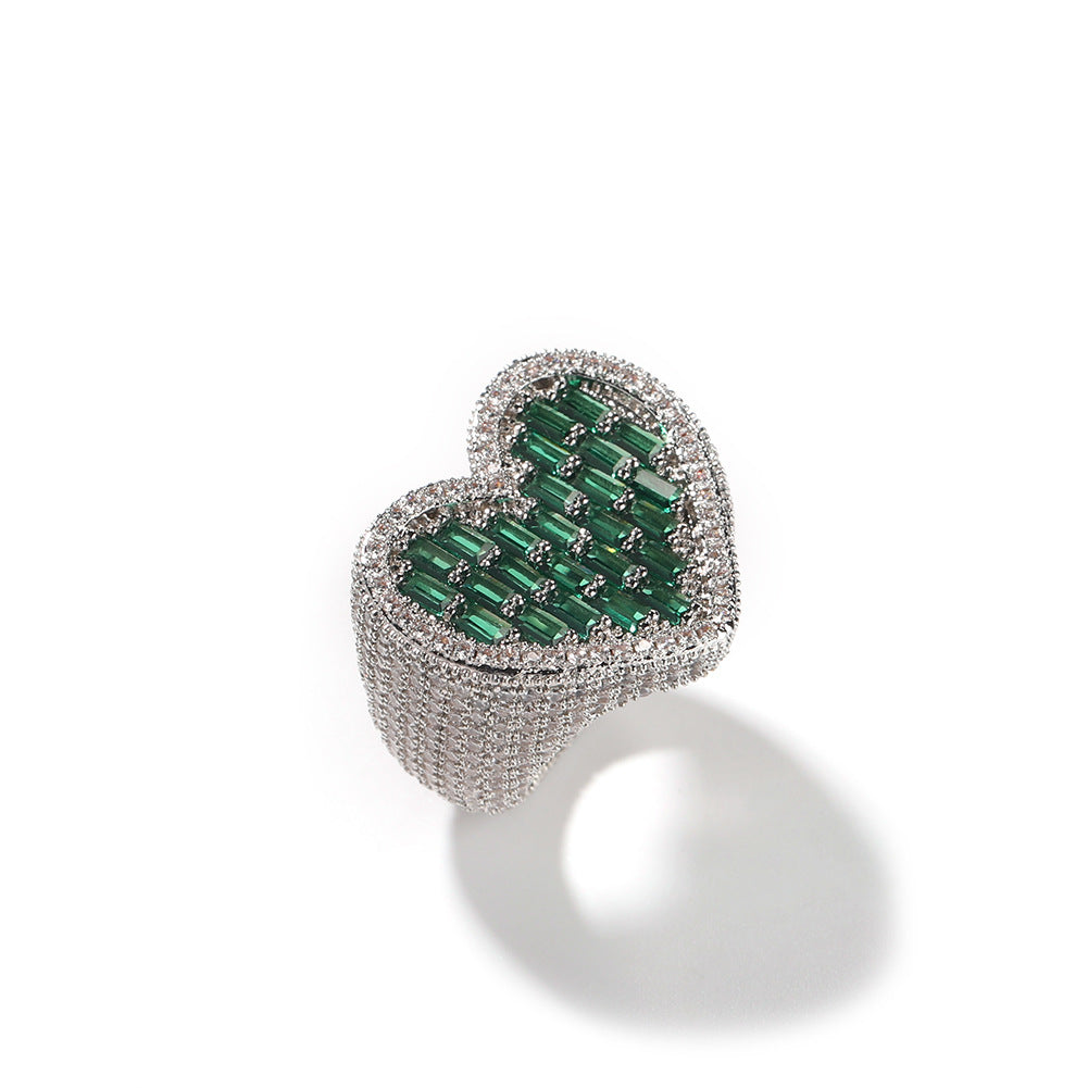 Hip-Hop T-Square & Heart-Shaped Zirconia Ring