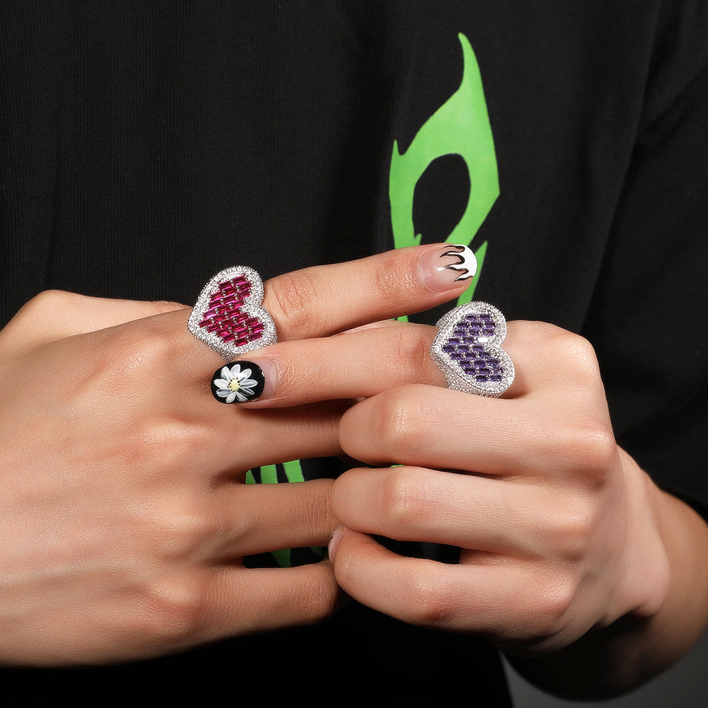 Hip-Hop T-Square & Heart-Shaped Zirconia Ring