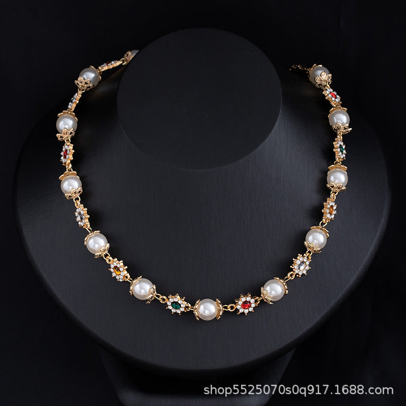 Rhinestone & Pearl Jewelry Set: Bracelet, Necklace, and Waist Chain