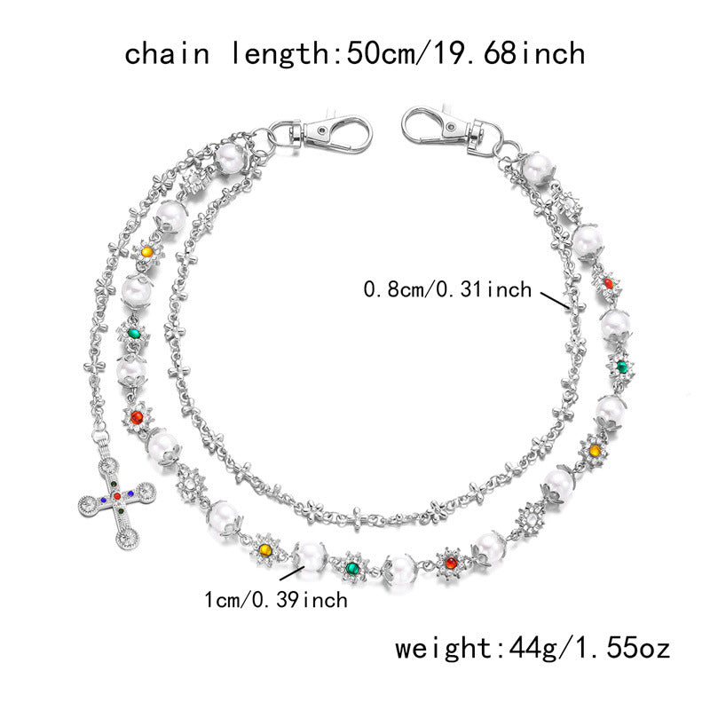 Multi-Color Gemstone, Pearl, and Cross Punk Waist Chain