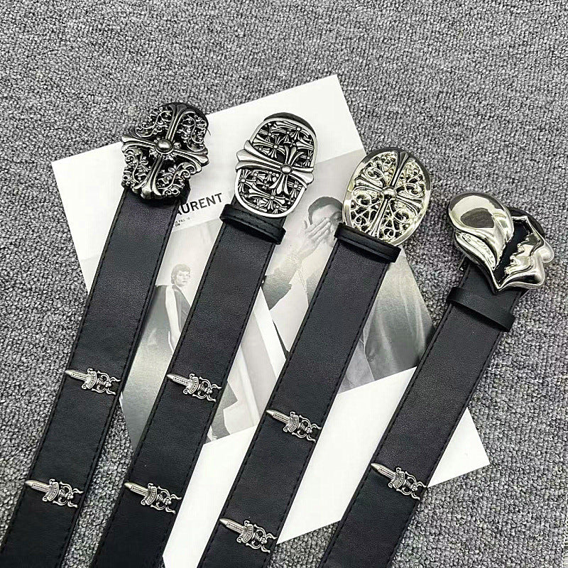 Chrome Hearts Vine Carved Coral Buckle Gothic Studded Leather Belt
