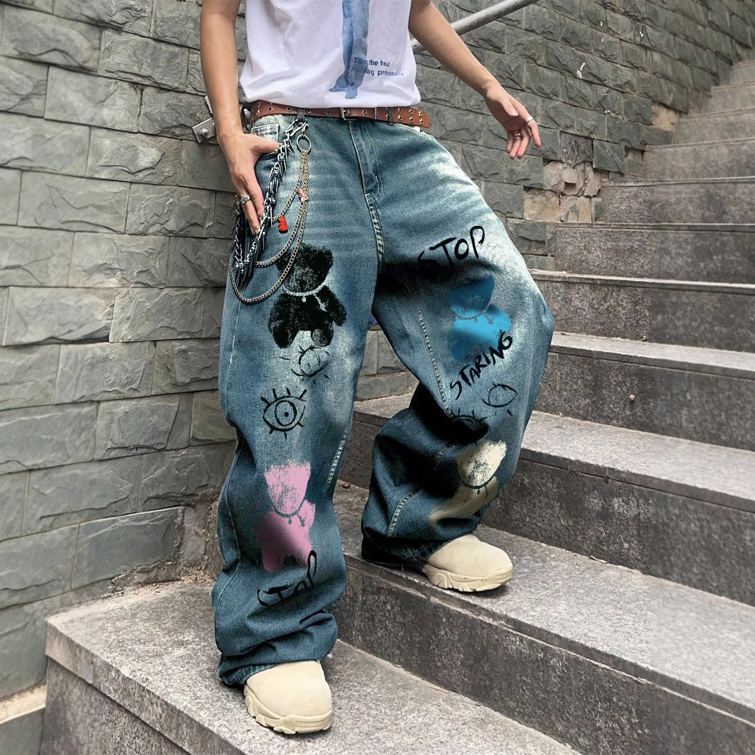 Wide-Leg Denim Jeans with Bear Eyes Print