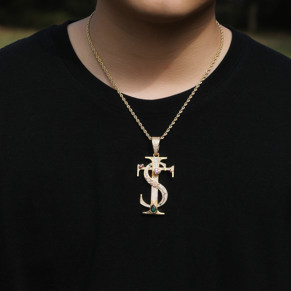 Hip-hop colored zircon TS cross necklace