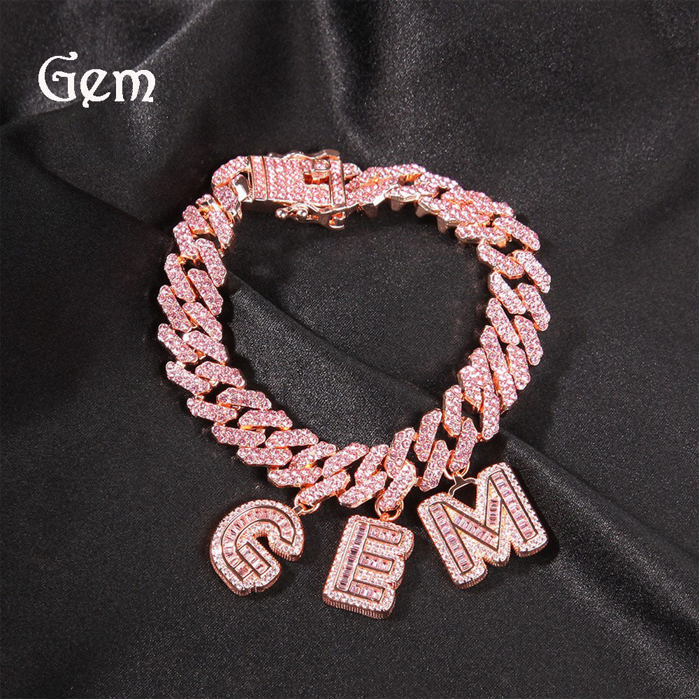 Pink diamond-set custom letter Cuban chain bracelet and necklace