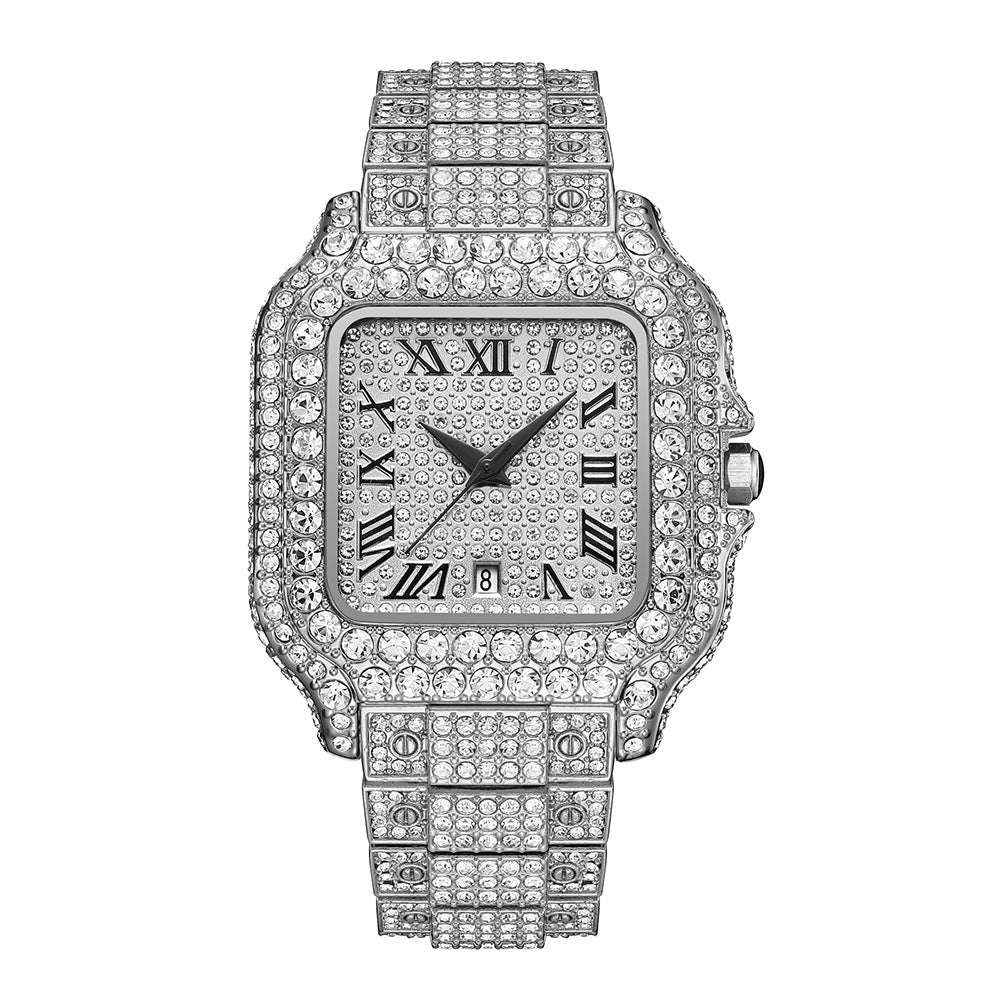 Hip-Hop Square Quartz Watch with Full Diamonds and Roman Markers