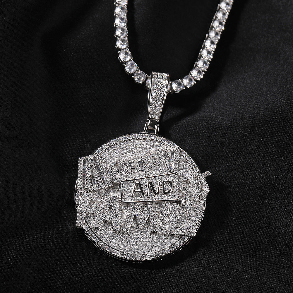 "Money and Family" letter pendant round disc necklace