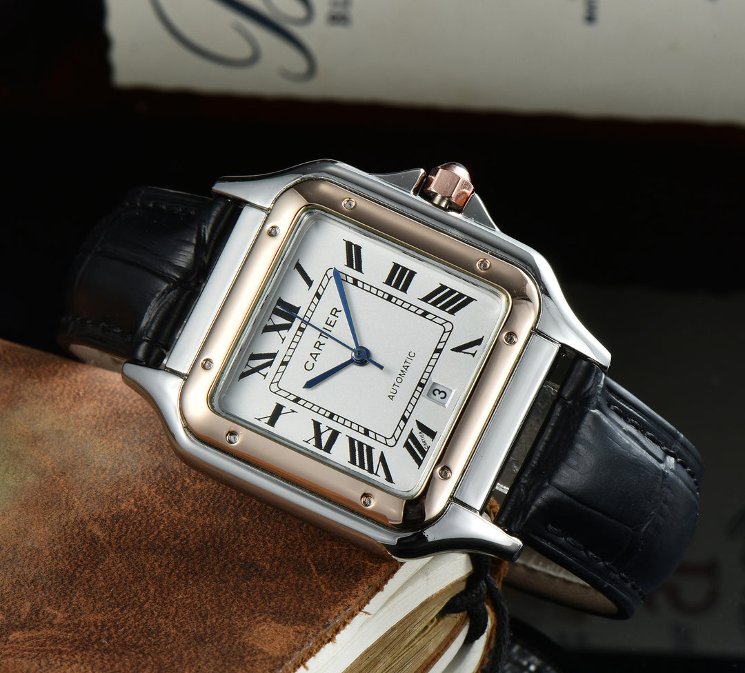 Leather Strap, Three-Hand Quartz Watch with Square Case