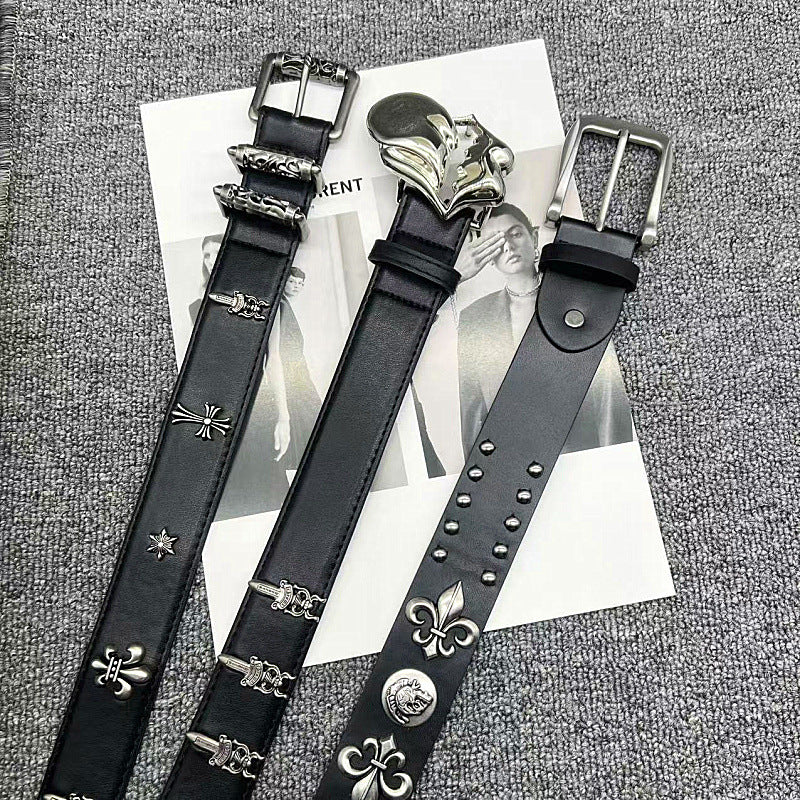 Chrome Hearts Vine Carved Coral Buckle Gothic Studded Leather Belt