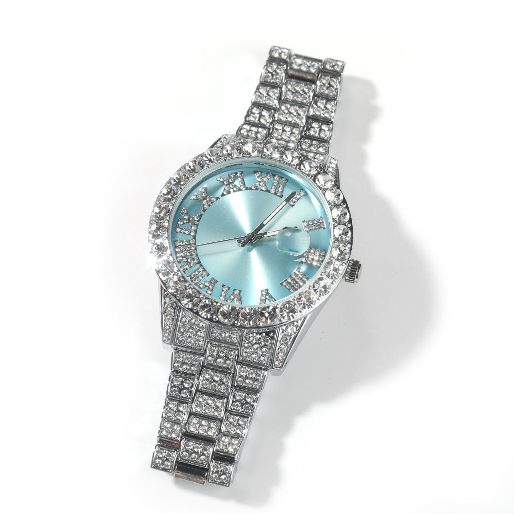Hip-hop watch with Roman numerals and diamonds, large dial
