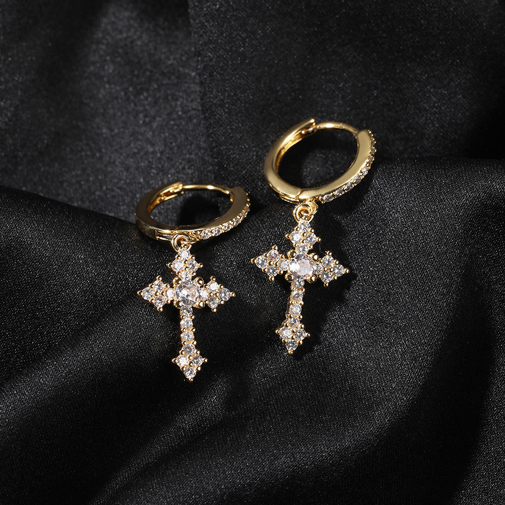 Hip-hop cubic zirconia cross earrings