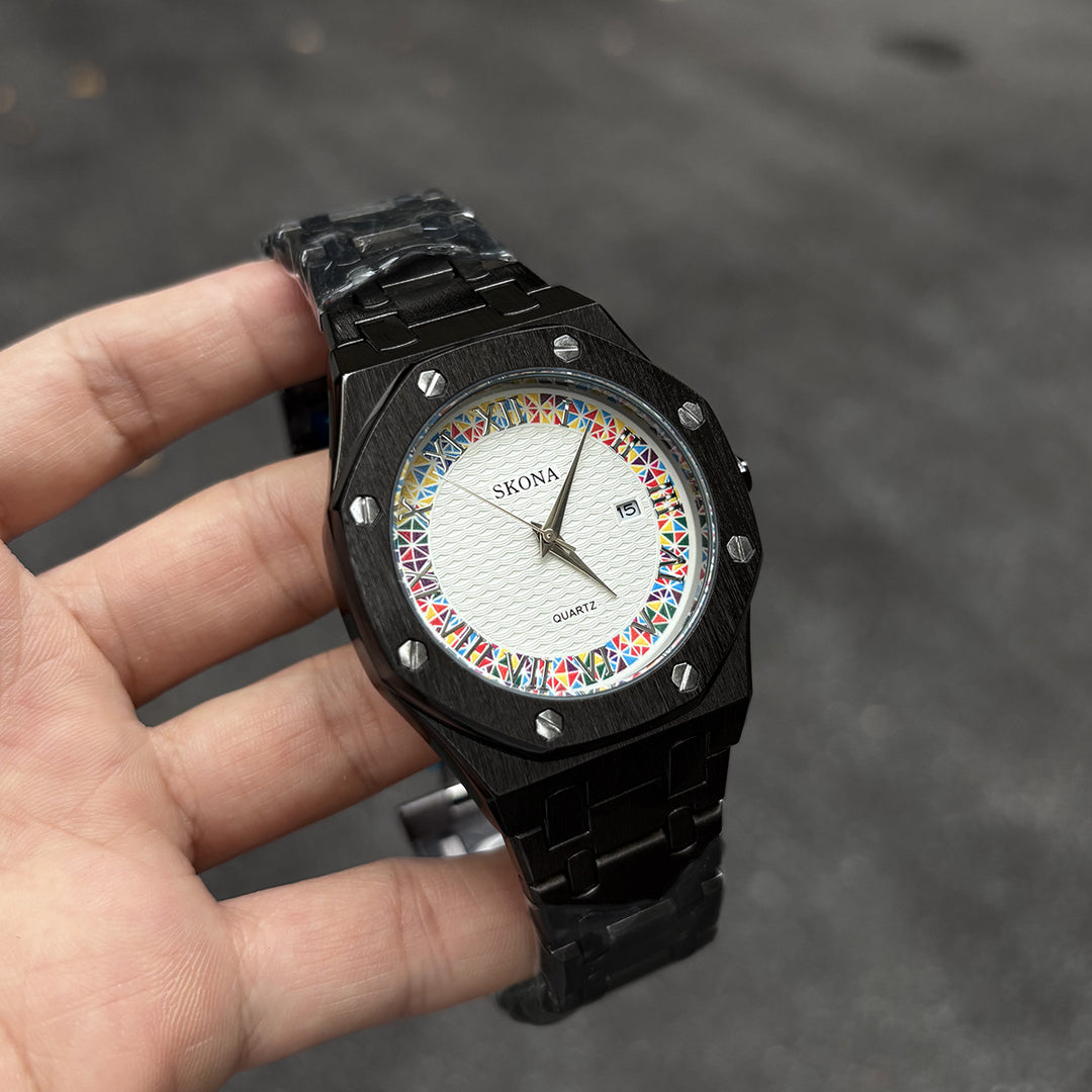 Stainless Steel Watch with Octagonal Bezel and Rainbow Roman Numerals