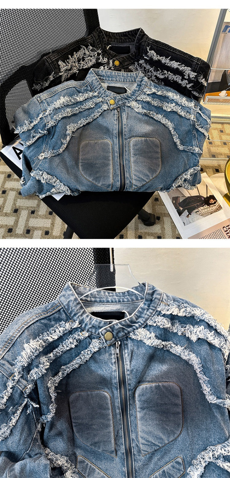 Embossed Raw-Hem Padded-Shoulder Denim Jacket