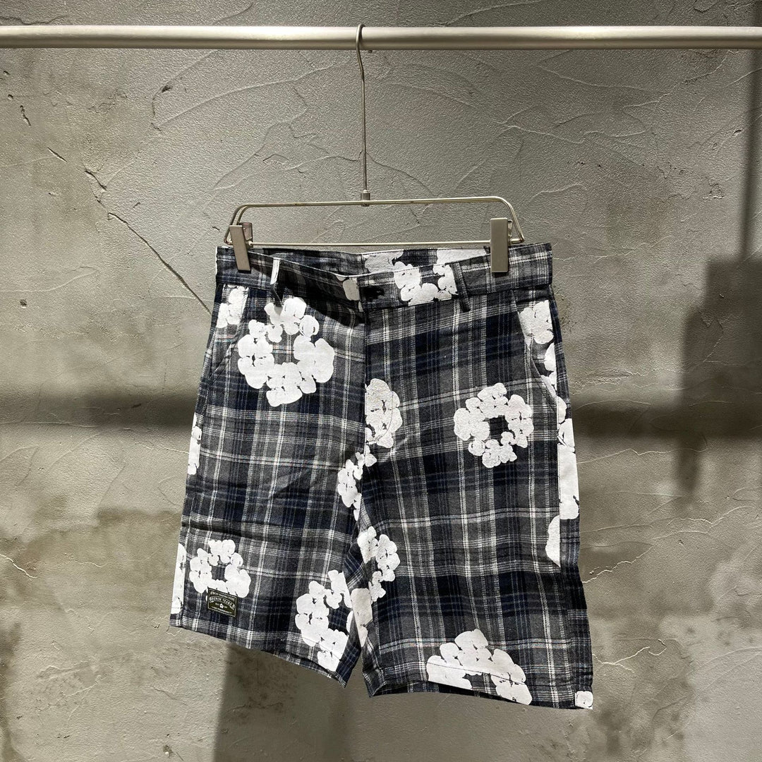 All-over print plaid short-sleeved shirt and shorts set
