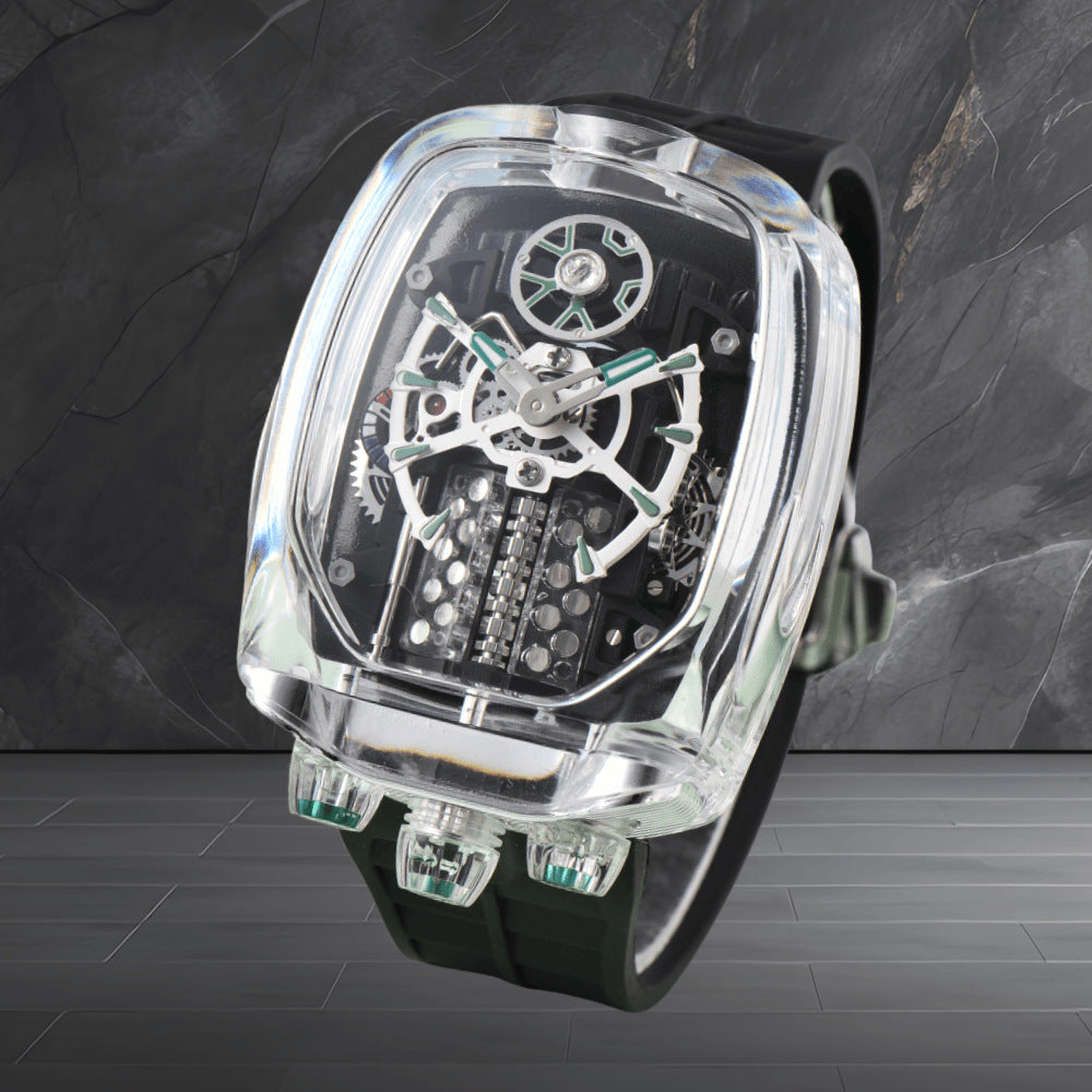 W16 Engine-Style Watch with Sparkling Transparent Crystal Case