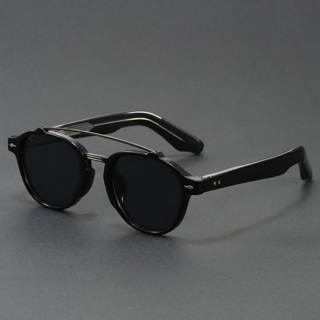 Retro Double Bridge Round Frame Slimming Sunglasses