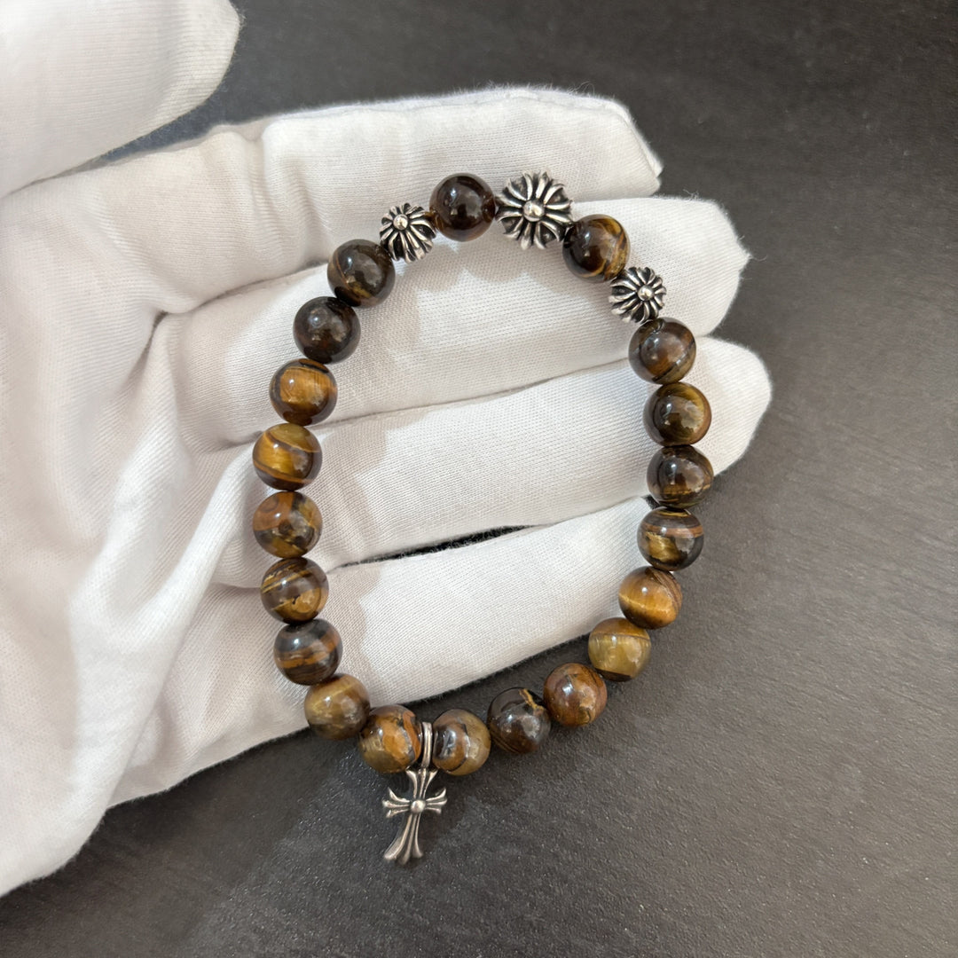 Chrome Hearts tiger's eye stone cross silver bead bracelet
