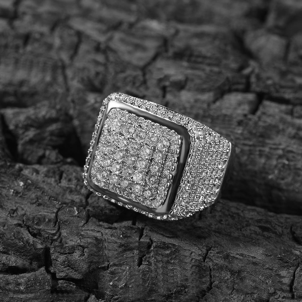 Hip-hop large square ring with zircon
