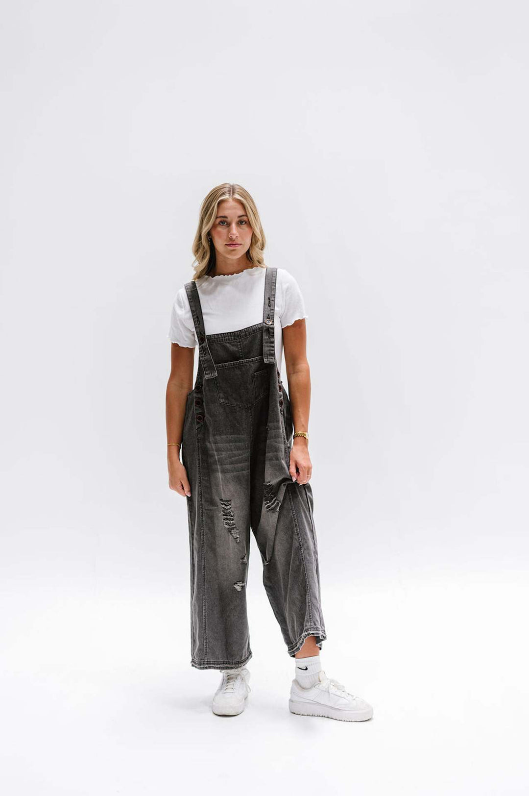 Vintage Distressed Ripped Loose-Fit Wide-Leg Denim Overalls