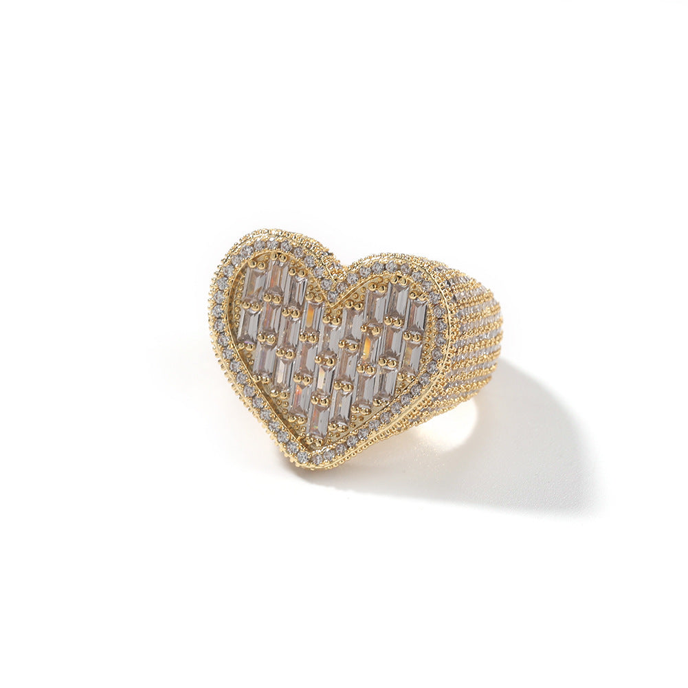 Hip-Hop T-Square & Heart-Shaped Zirconia Ring