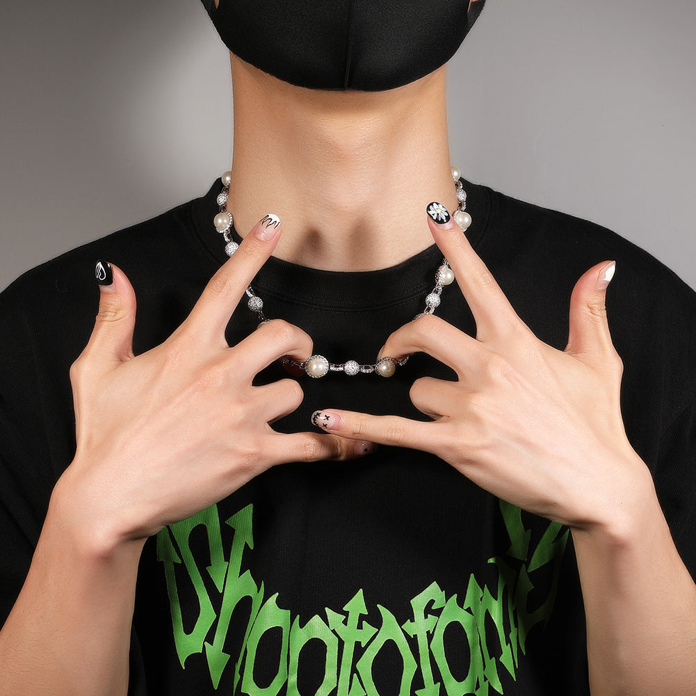 Hip-Hop Silver Pearl Necklace with Diamond Accents