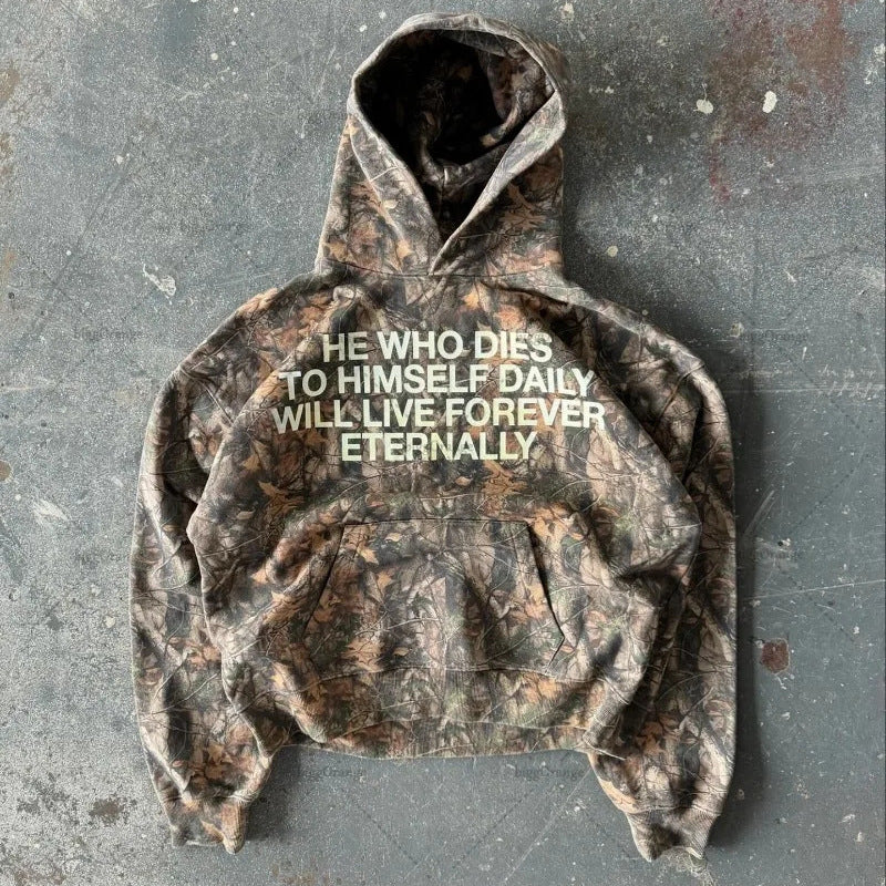 Camouflage letter print hooded pullover sweatshirt