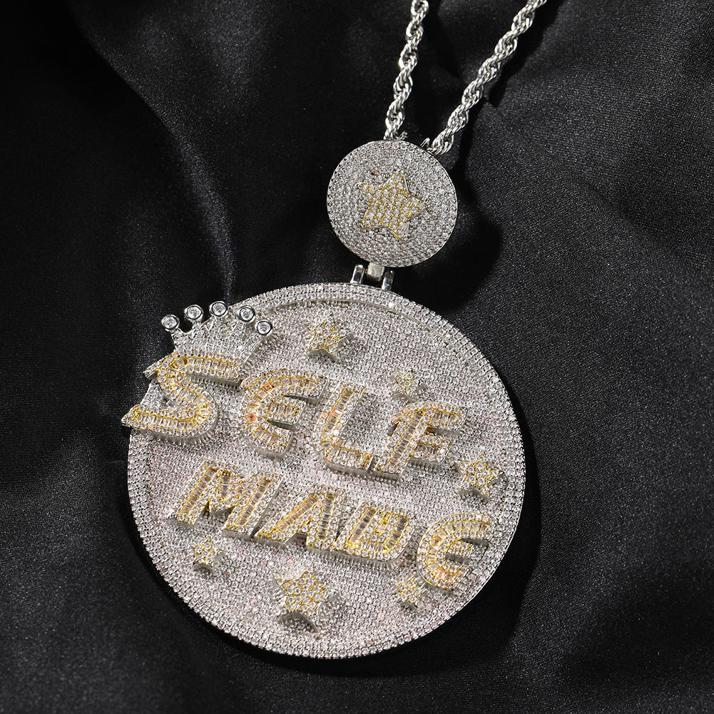 Self made hip-hop large diamond-encrusted disc necklace