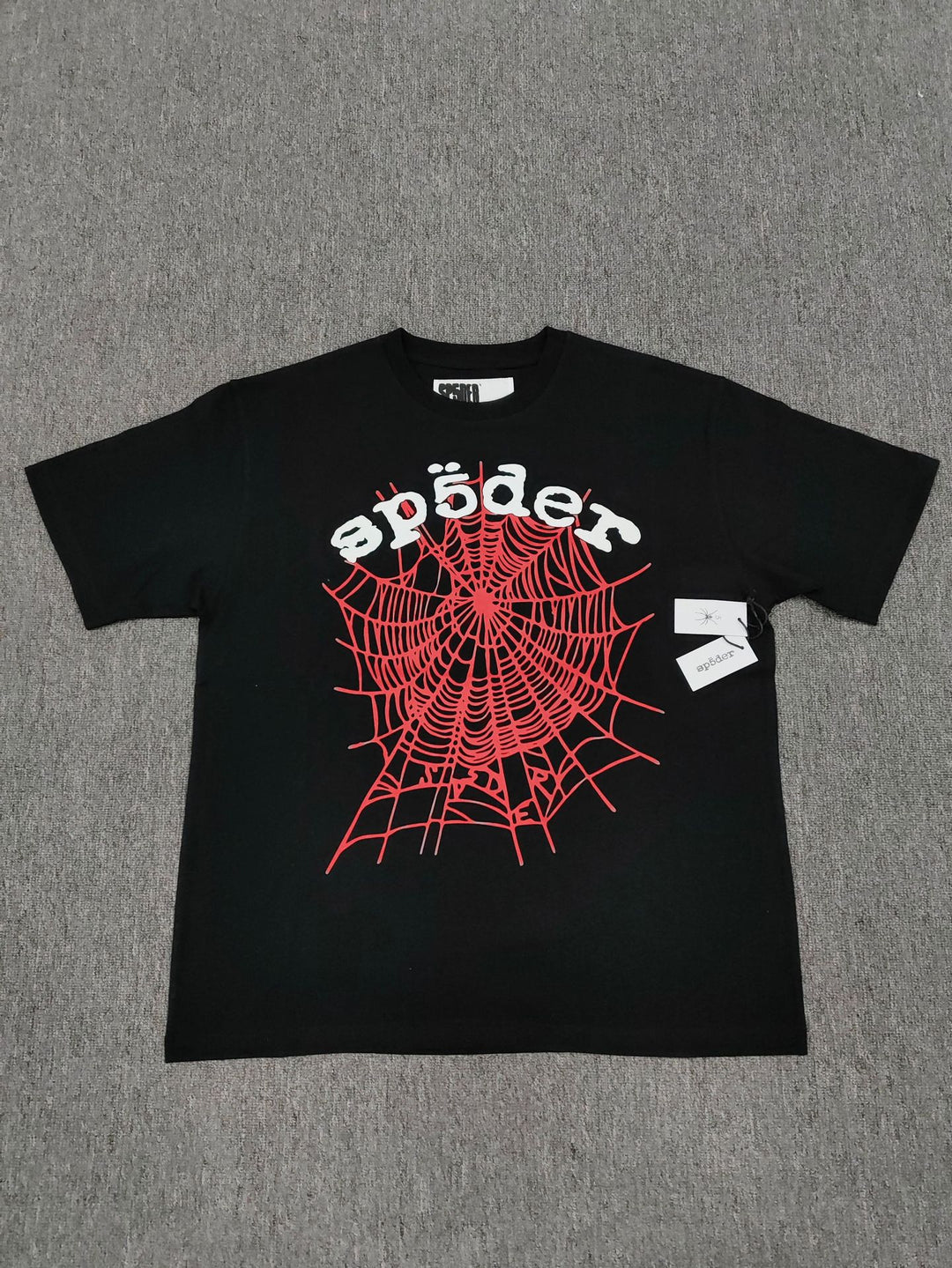 Hip-hop SP5der loose-fitting spider web T-shirt with lettering