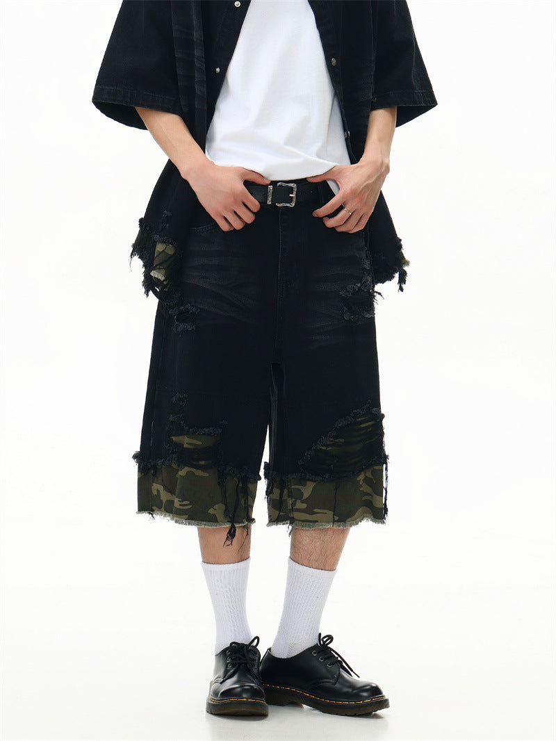 Raw-Hem Leopard-Print Patchwork Denim Shirt & Shorts Set