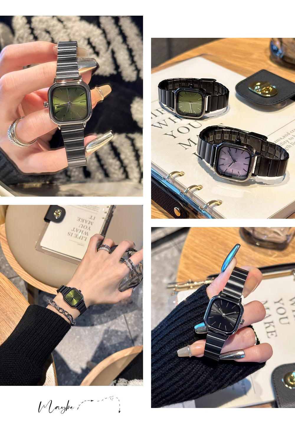 Bamboo-shaped strap artistic square dial women's watch