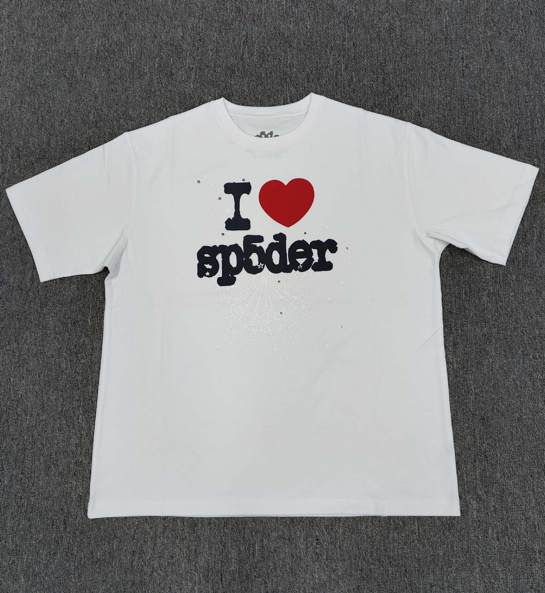 Hip-hop SP5der loose-fitting spider web T-shirt with lettering