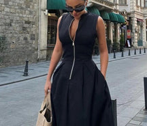 Sleeveless V-neck zipper neck long dress