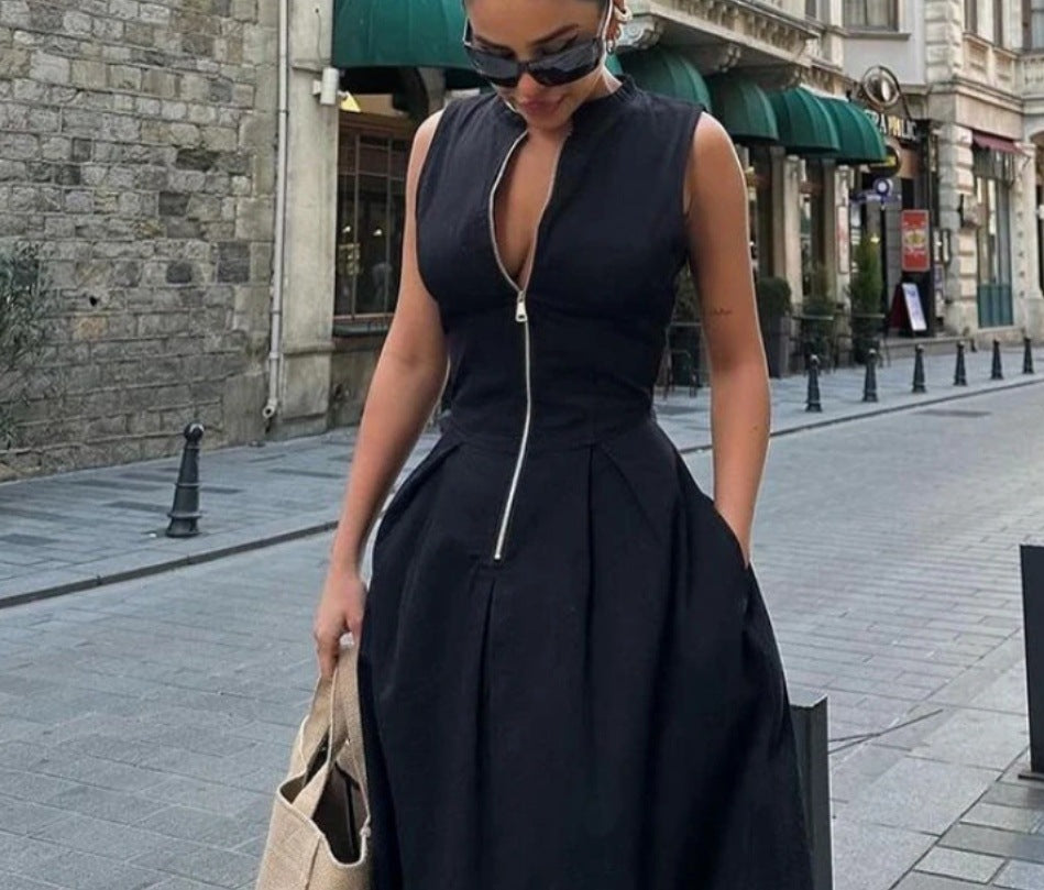 Sleeveless V-neck zipper neck long dress