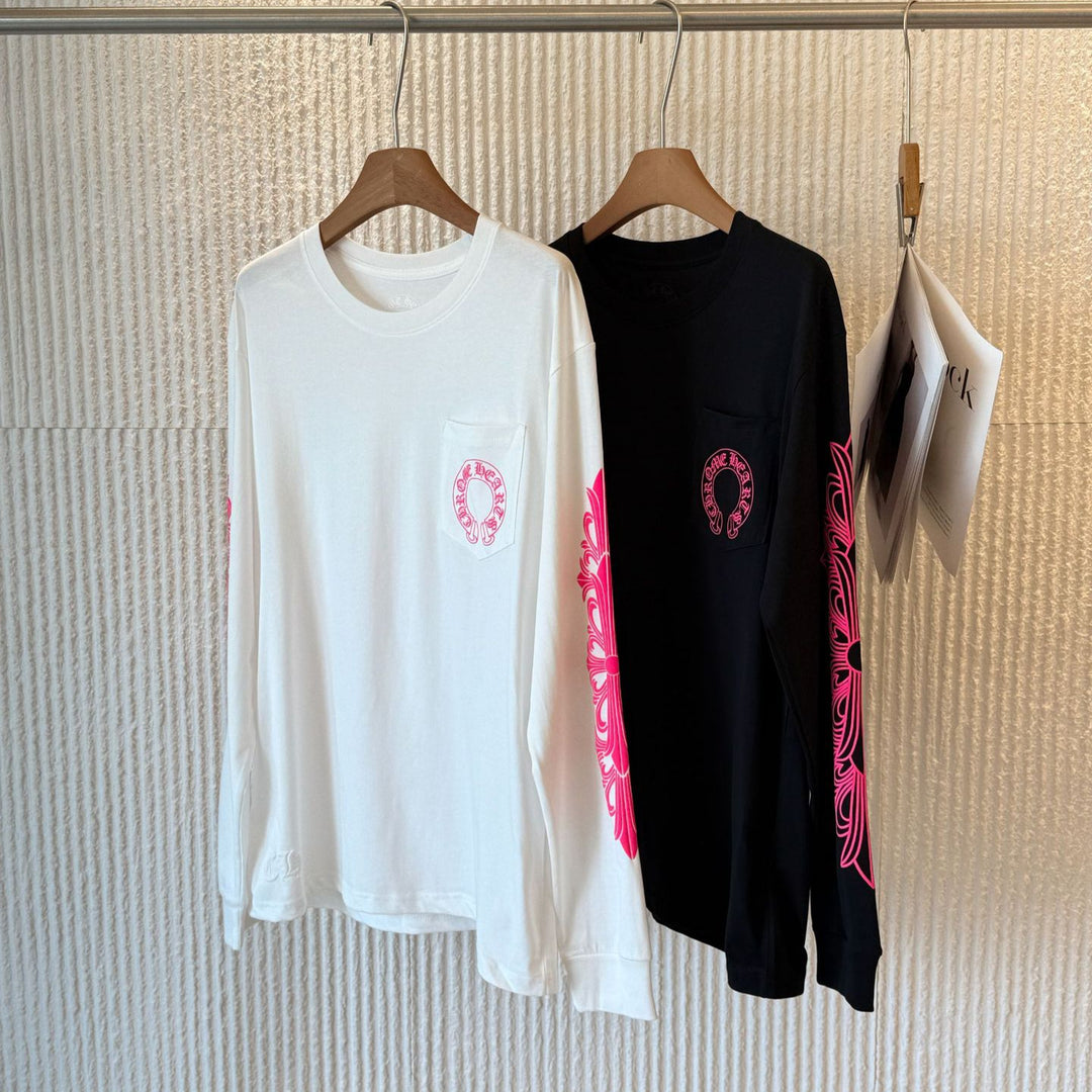 Chrome Hearts Pink Horseshoe Flower Sleeve Print T-Shirt