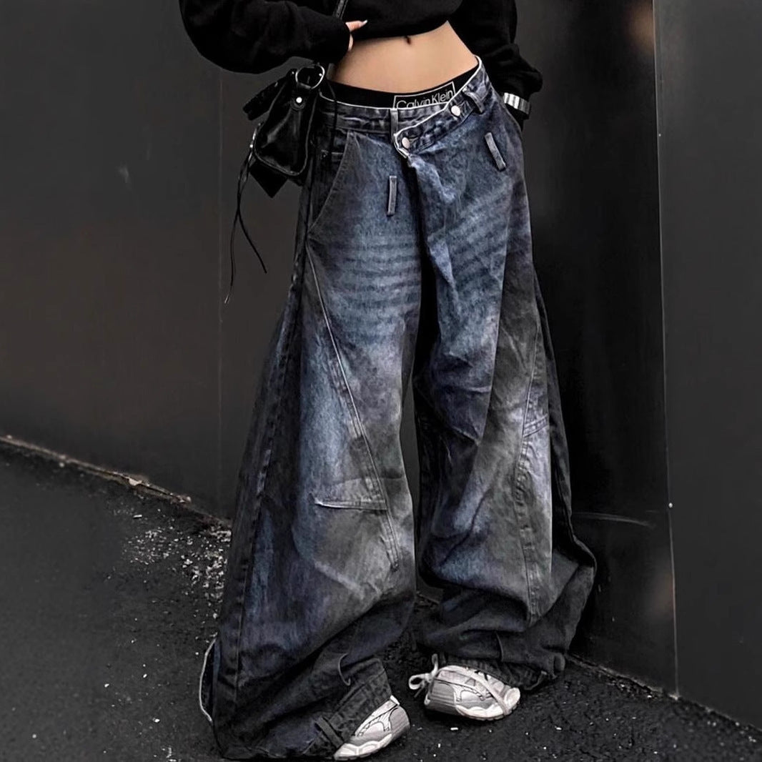 Plus-Size Washed & Distressed Loose-Fit "Curved-Leg" Jeans