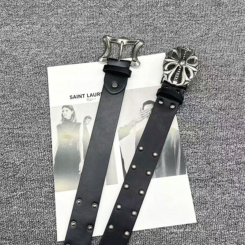 Chrome Hearts Vine Carved Coral Buckle Gothic Studded Leather Belt