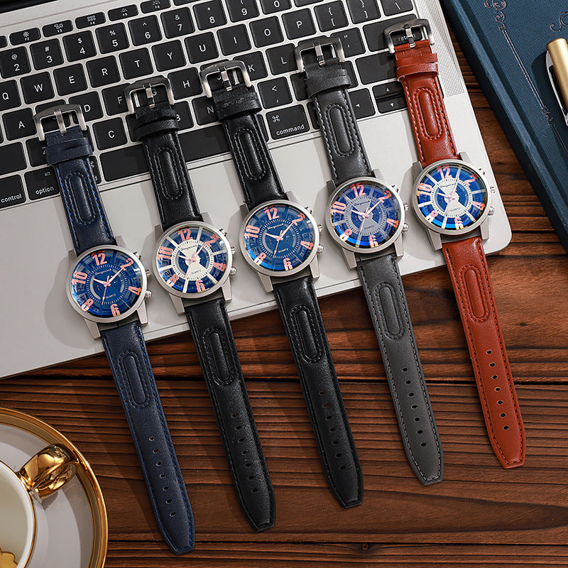 Large-dial, hollow-out blue-light men's watch.