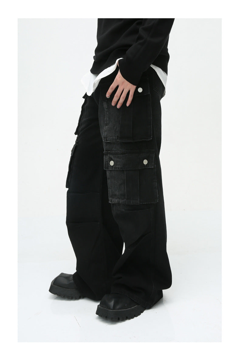 Heavy-Duty Retro Multi-Pocket Cargo-Style Wide-Leg Jeans