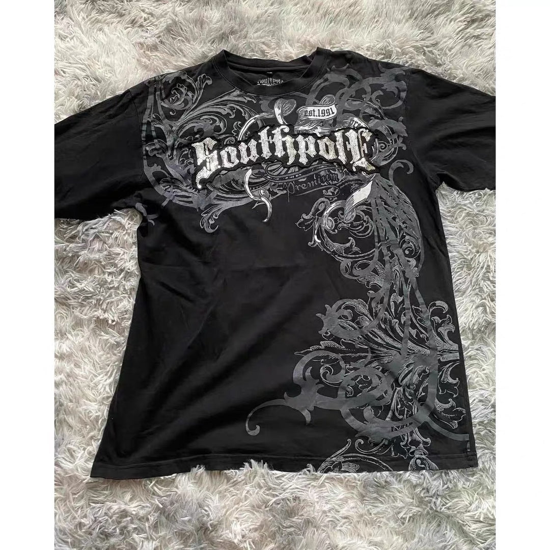 Gothic pattern rhinestone letter black short-sleeved T-shirt