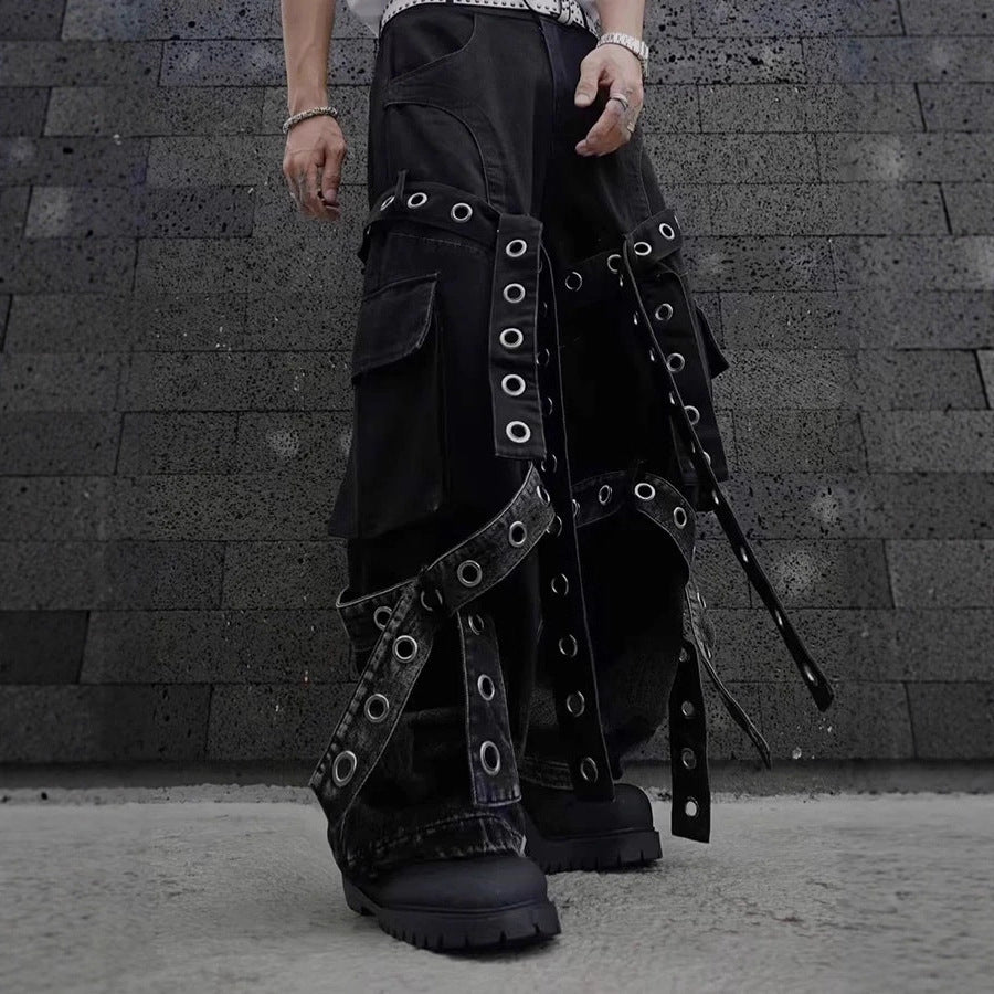 Retro heavy-duty pleated workwear-style jeans