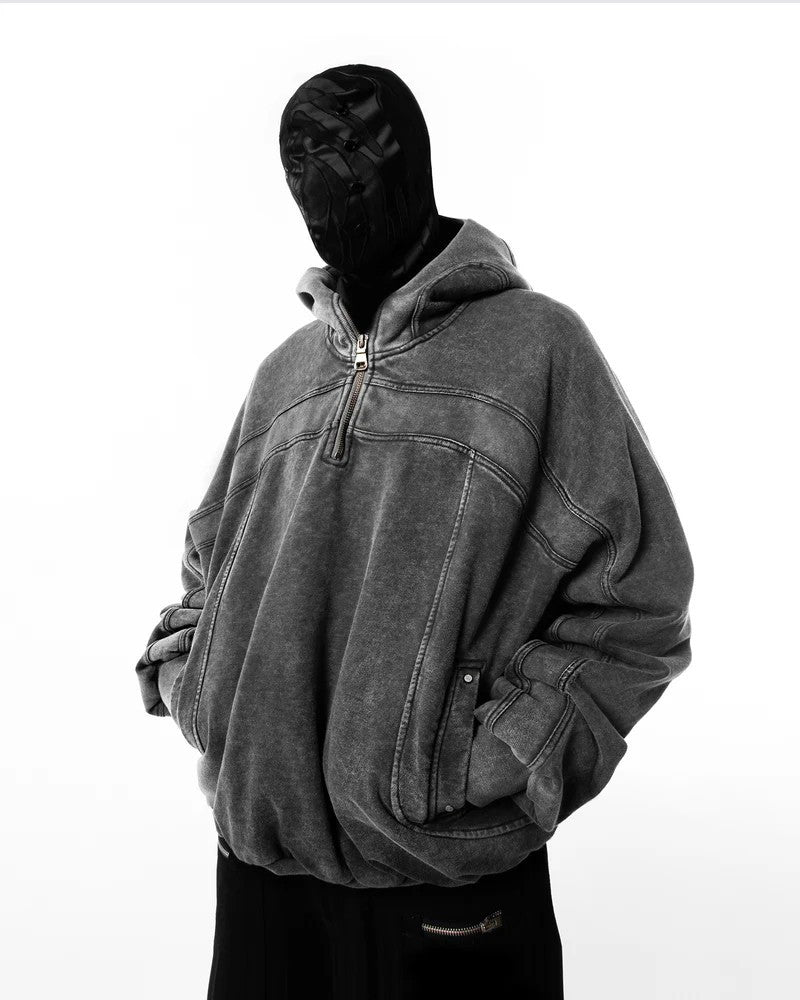 Single-hooded long zip-up hoodie with exposed eyes