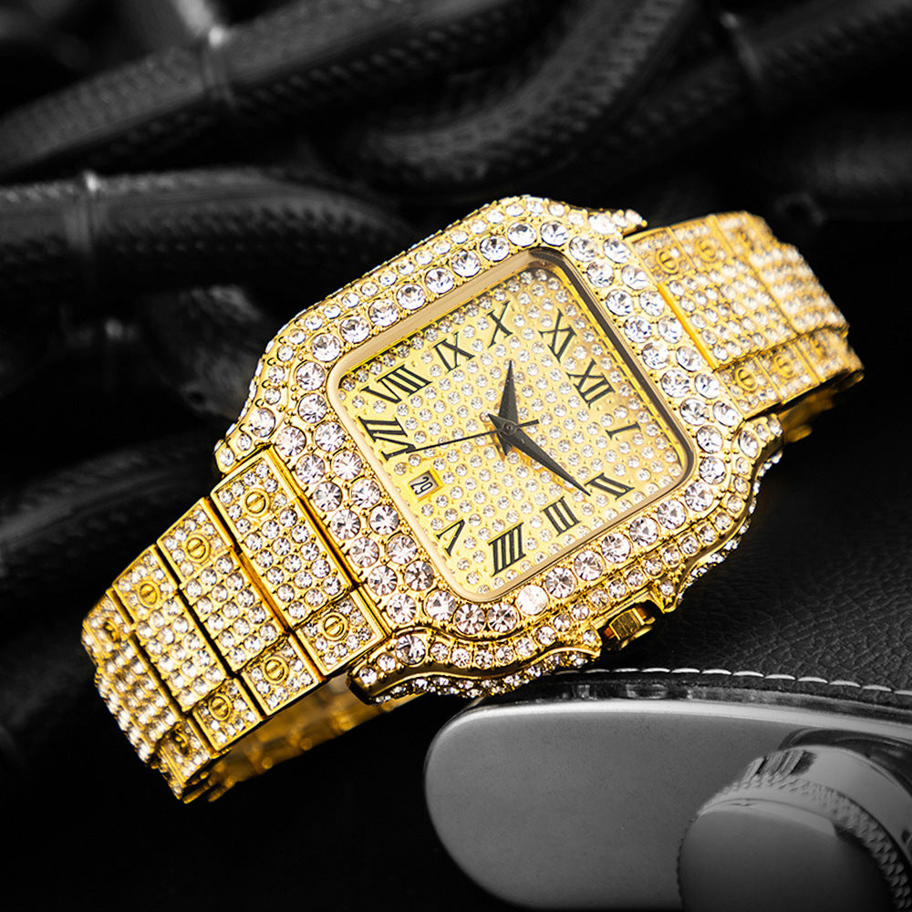 Hip-Hop Square Quartz Watch with Full Diamonds and Roman Markers