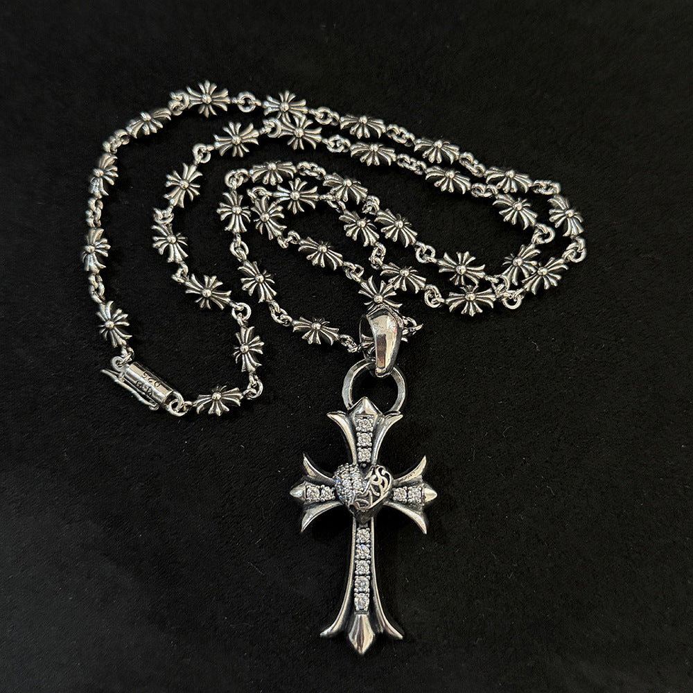 Chrome Hearts white diamond heart-shaped cross pendant