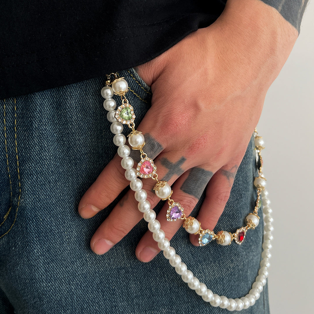 Pearl, Multi-Gemstone, Cross & Floral Pant Chain