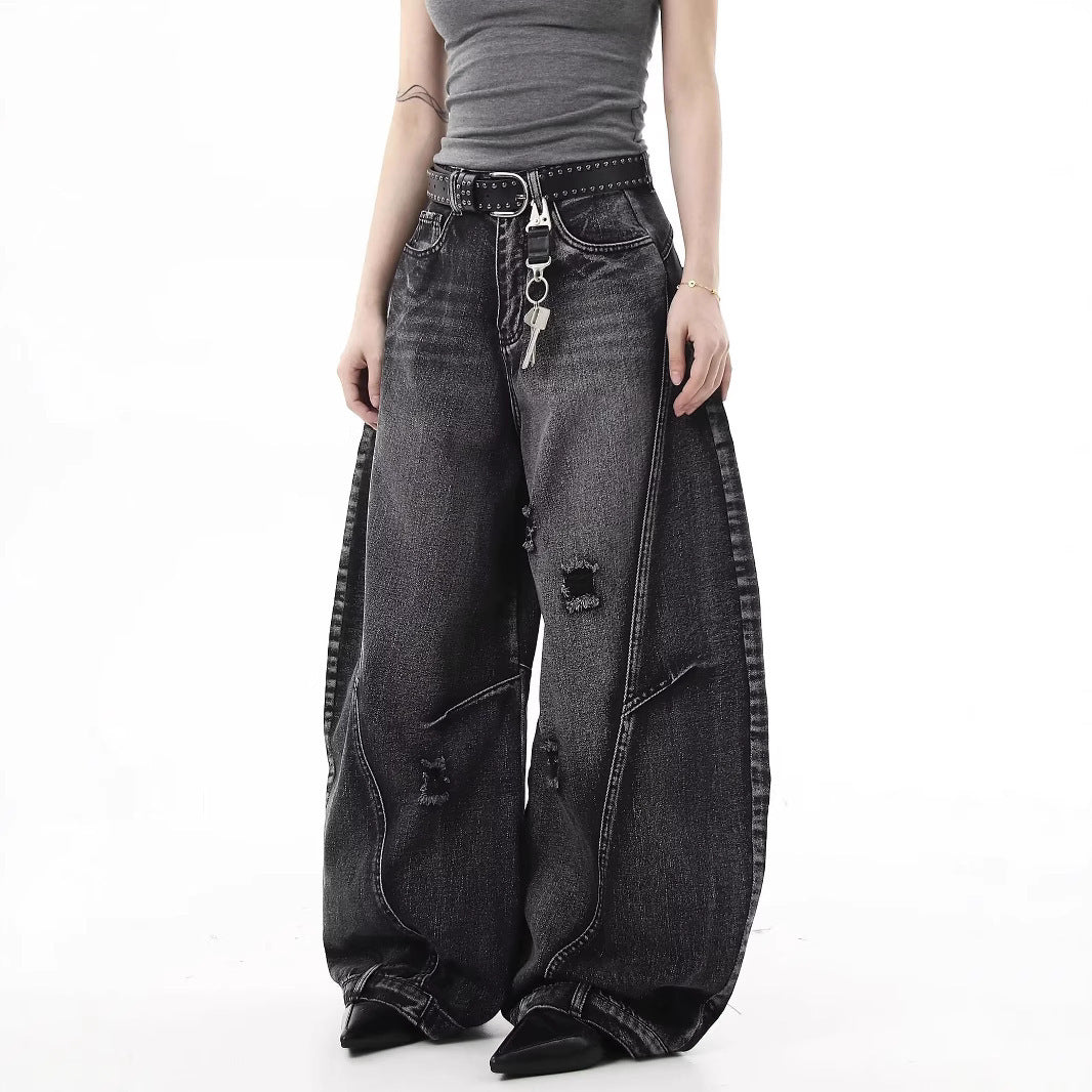 Retro Hong Kong Style Distressed Ripped Wide-Leg Jeans