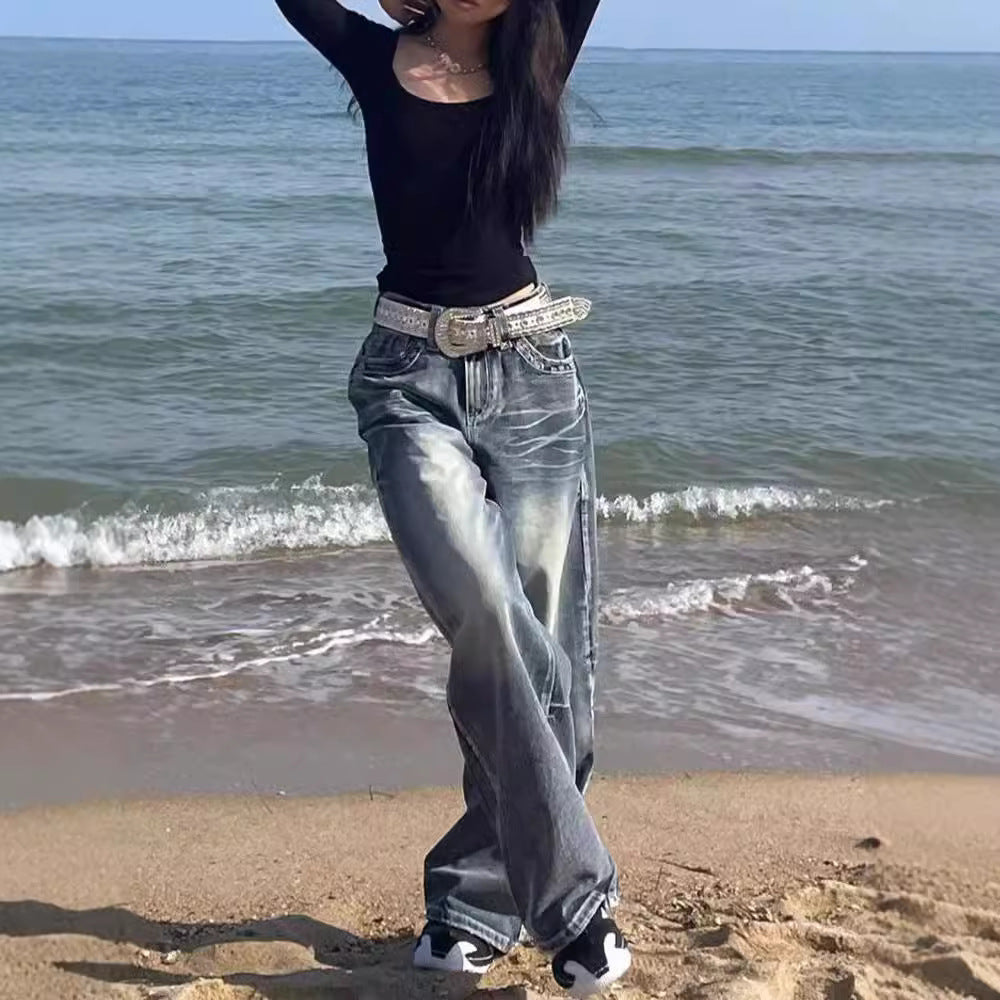 Washed High-Waisted Floor-Length Wide-Leg Jeans for Women