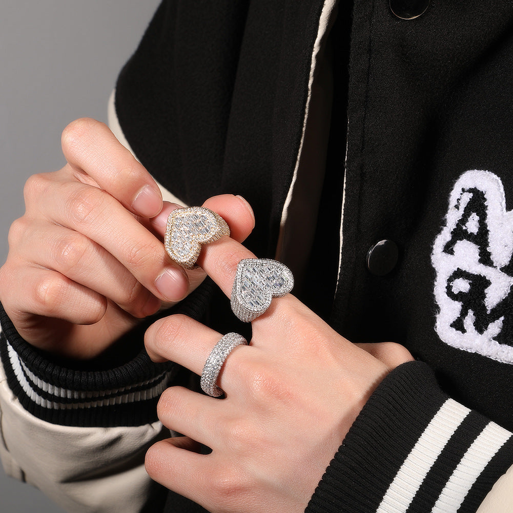 Hip-Hop T-Square & Heart-Shaped Zirconia Ring