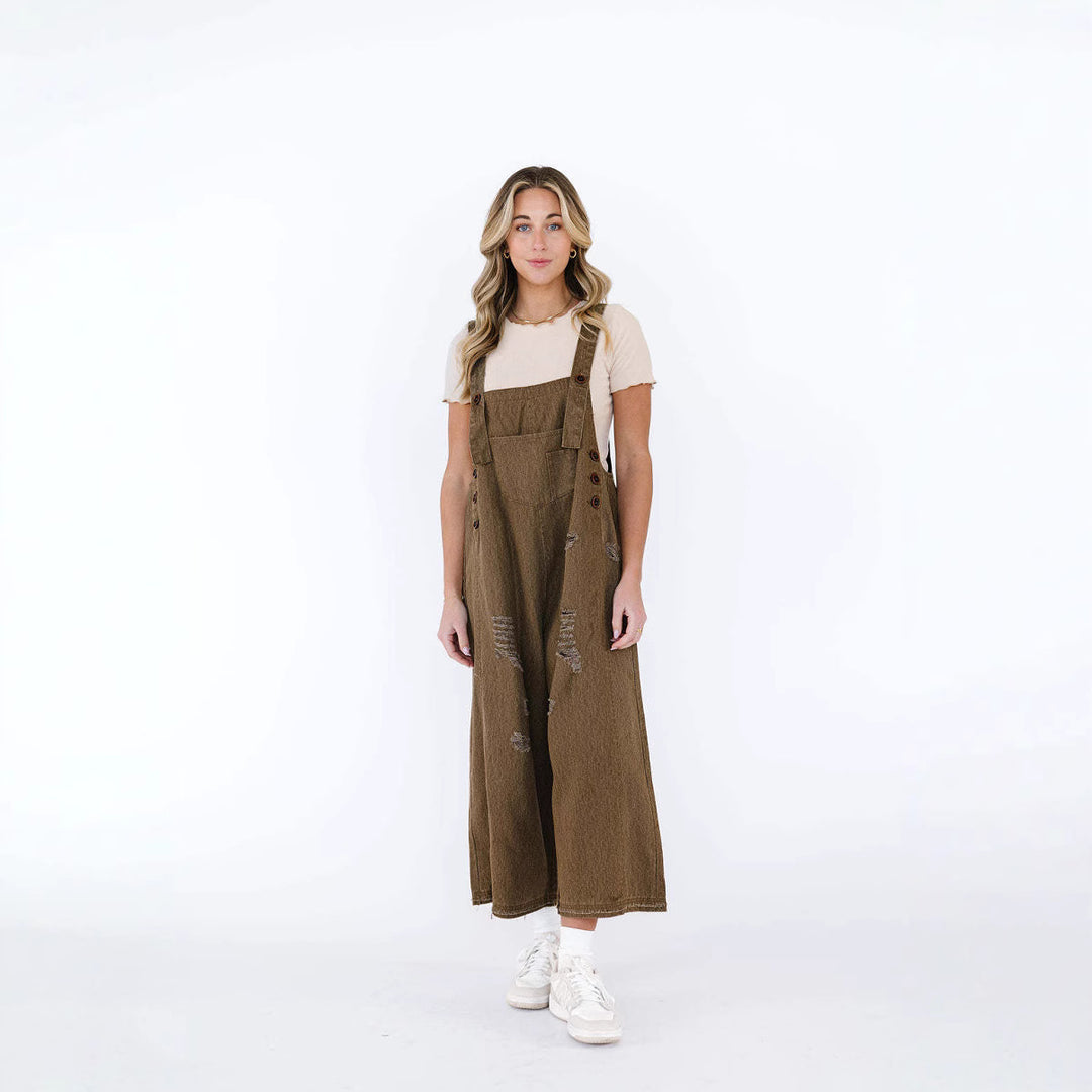 Vintage Distressed Ripped Loose-Fit Wide-Leg Denim Overalls
